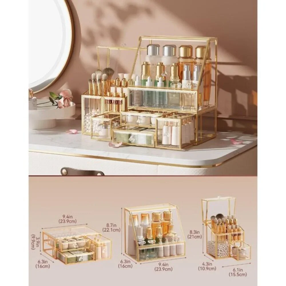 Clear Makeup Organizer with Gold Frame, Vanity Storage for Skincare & Cosmetics